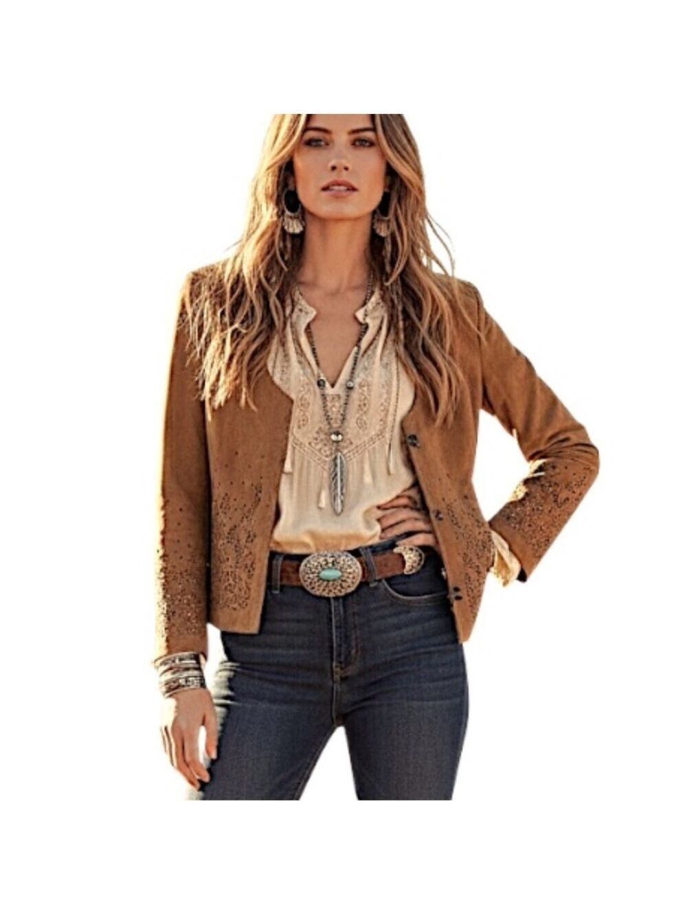 Lamarque genuine suede cognac brown laser cut boho cropped fitted jacket XS